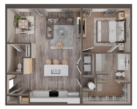 Floor plan for 1 bed, 1.5 baths, 848 sqft